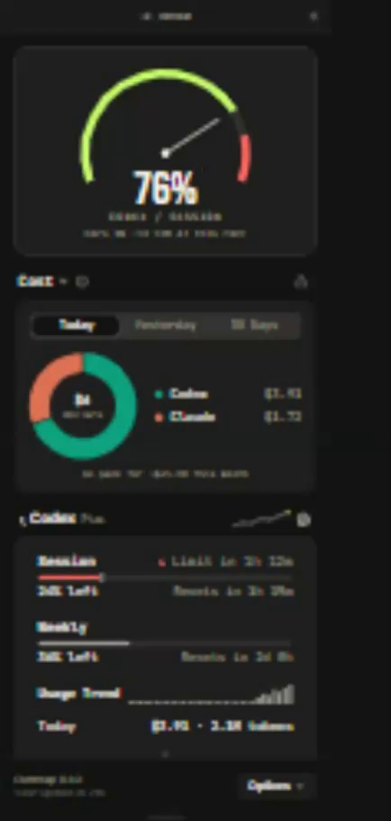 The current Overcap dashboard with its hero gauge, spend summary, provider limits and sparklines